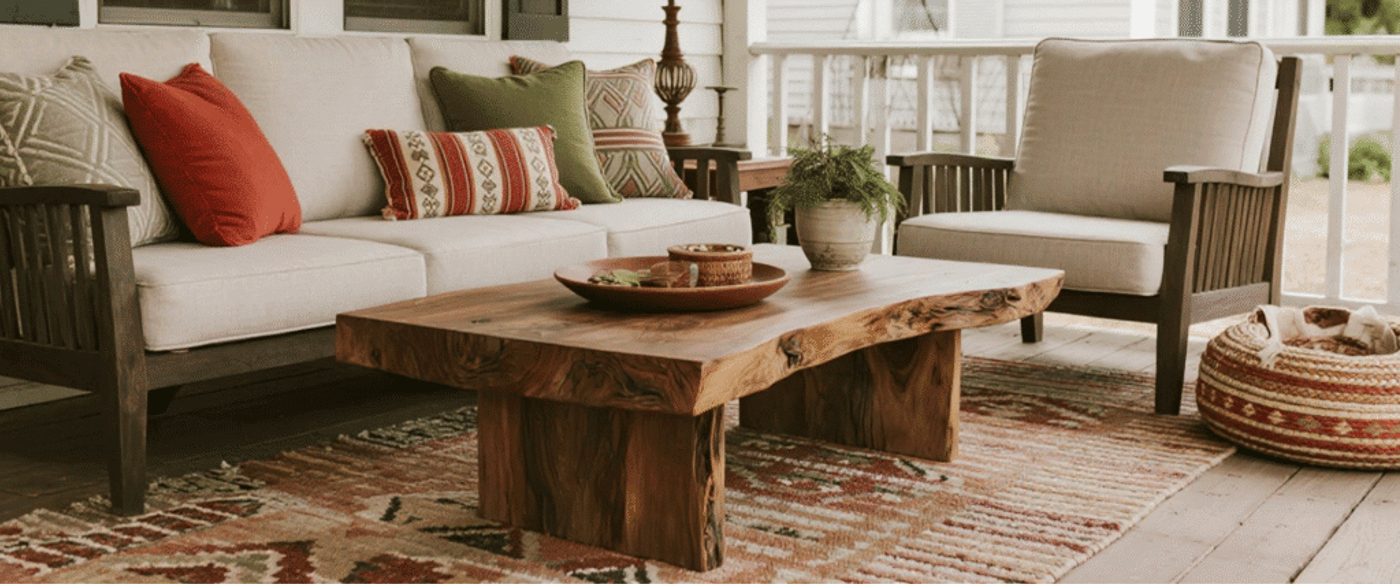 Cozy outdoor seating area with wooden furniture, neutral cushions, colorful pillows, a rustic coffee table, and a patterned rug.
