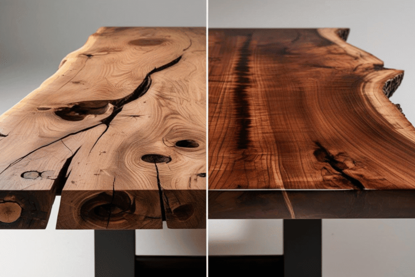 Wood table surface showing natural cracks and knots; left side untreated, right side polished and finished.