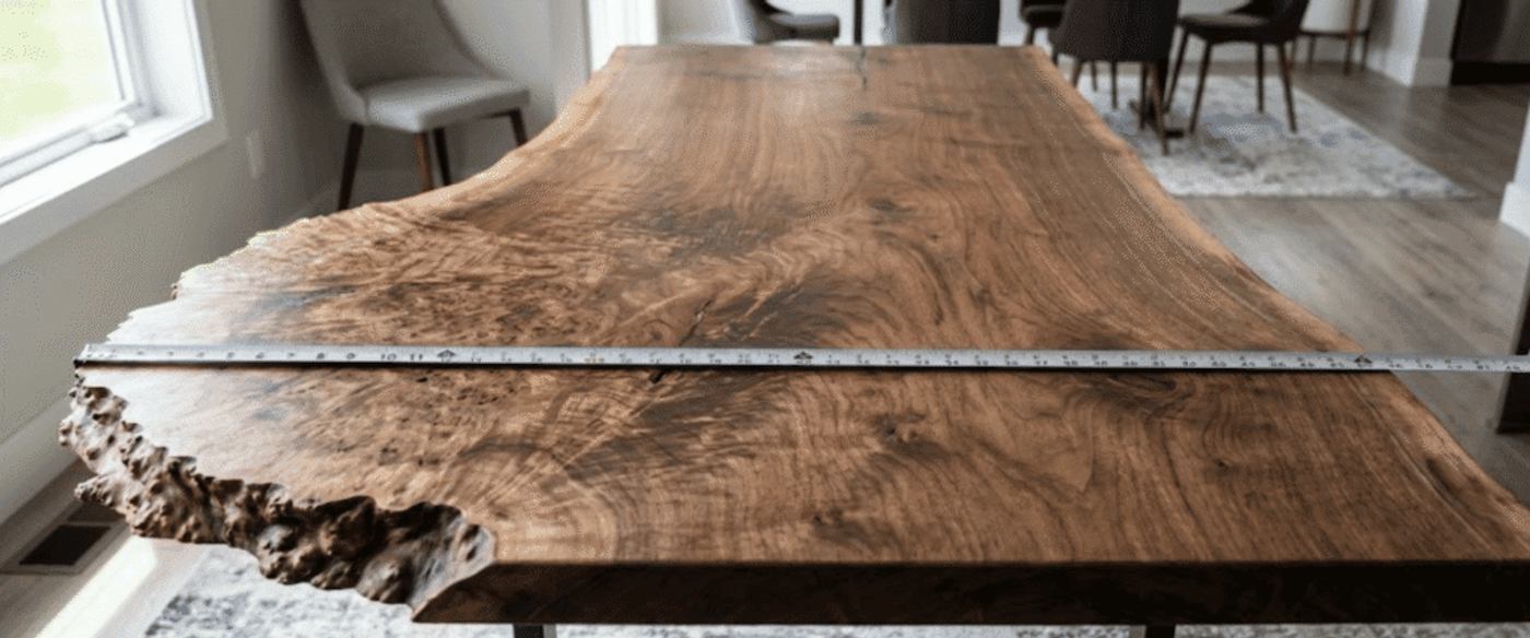 Live-edge walnut dining table with natural grain and burl edge, measuring tape across its width in a bright modern dining room