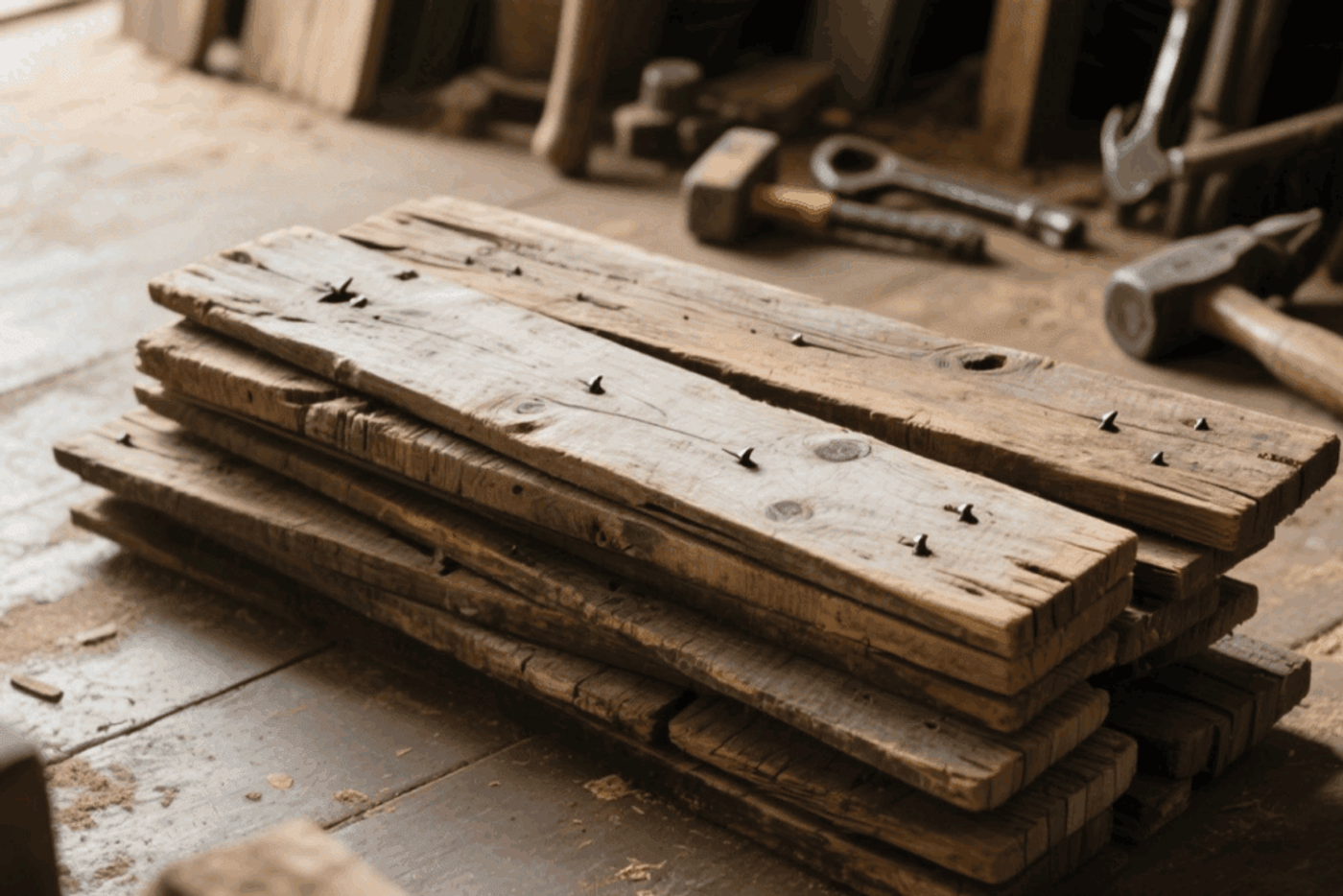 Stack of old wooden planks with nails on a workshop floor, with tools blurred in the background.
