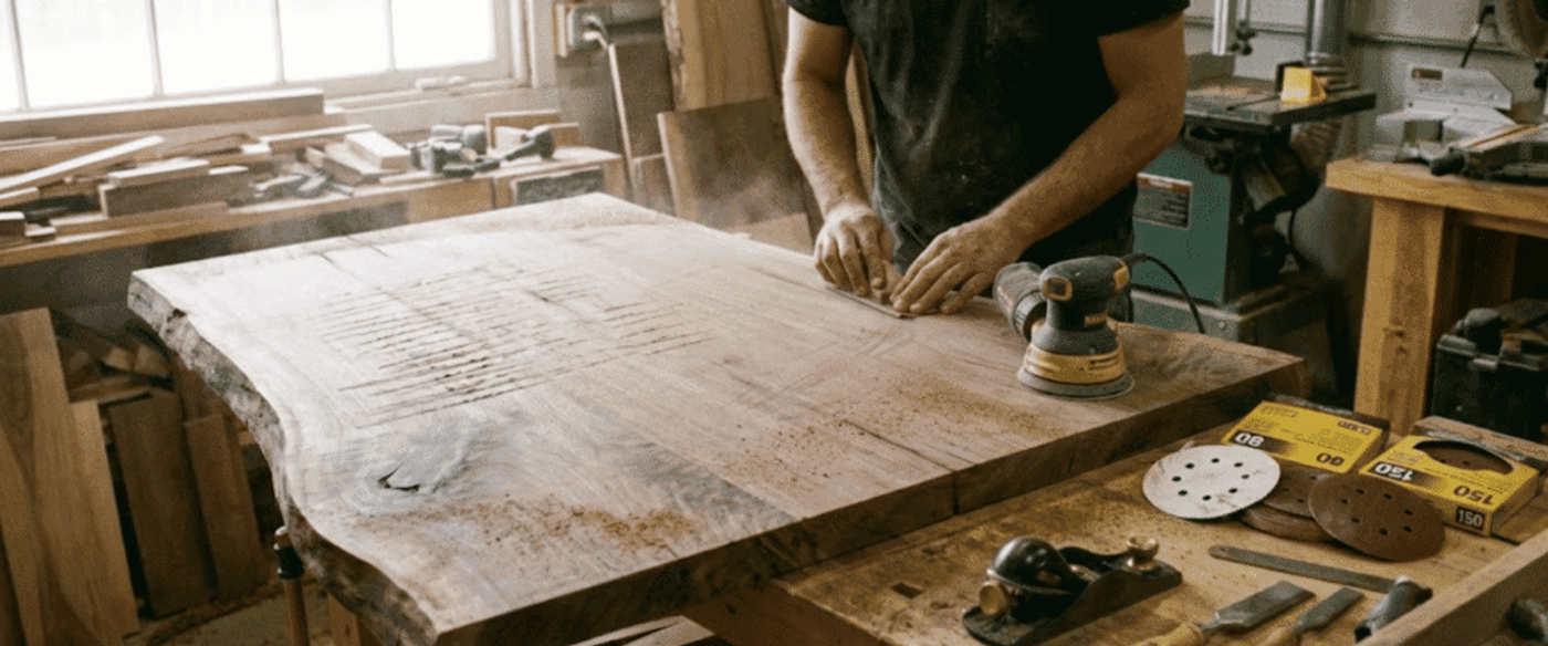 Man sanding a large live-edge walnut slab on a cluttered workshop bench with hand planes and sanding discs nearby