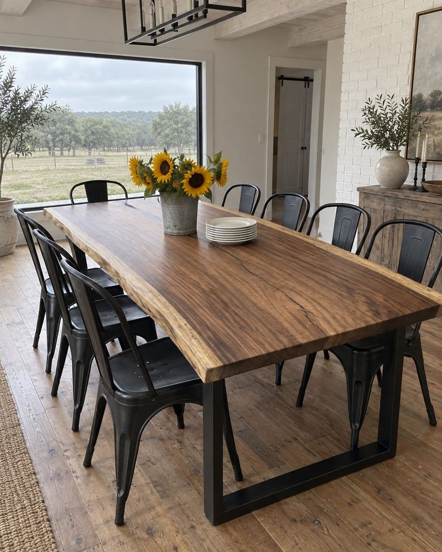 Rendering of the Paula Septima slab as a dining table with Traditional Legs in a modern farmhouse home