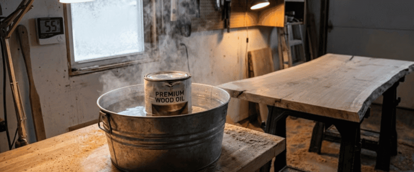 Warm workshop: steaming tin of premium wood oil in a metal tub beside a live-edge plank on sawhorses, sawdust scattered, lamp lit