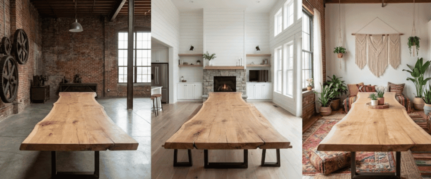 Rustic live-edge wood table centered in three settings: industrial loft, bright farmhouse living room, and cozy boho lounge
