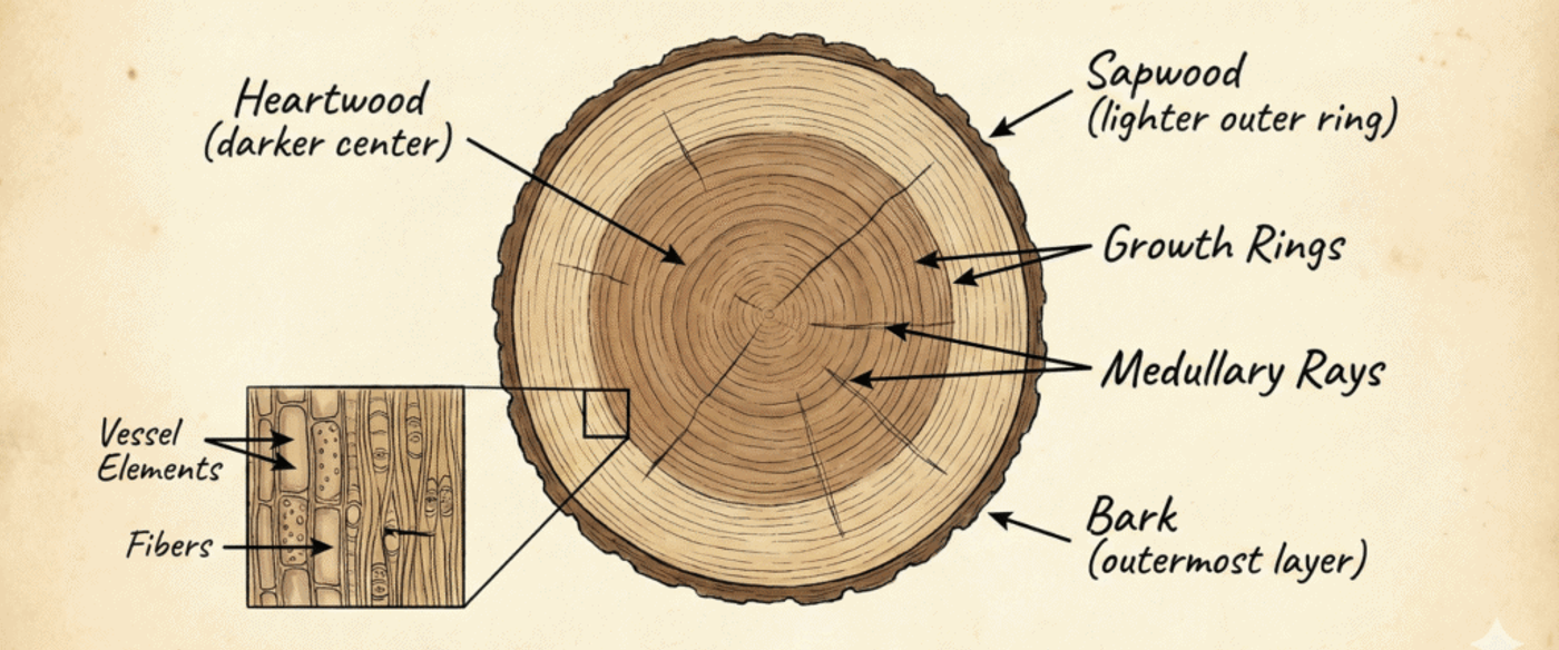 Illustrated-anatomy-diagram-of-a-Guanacaste-wood-cross-section-detailing-heartwood-sapwood-growth-rings-medullary-rays-and-a-magnified-view-of-vessel-elements-and-fibers