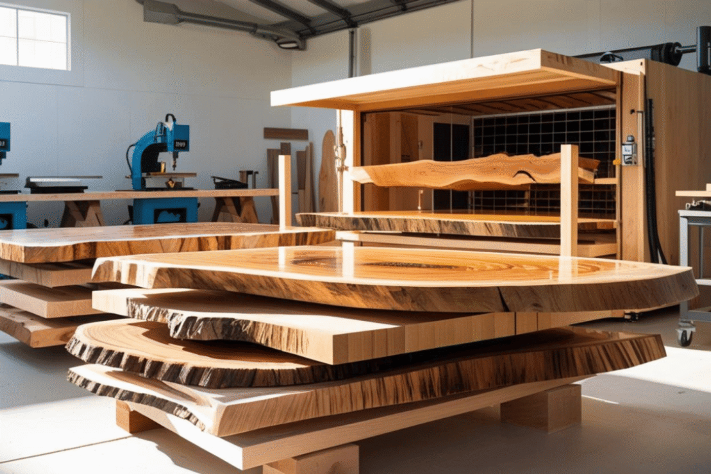 Wood slabs in a workshop, showing natural edges and grain, ready for furniture making or finishing.