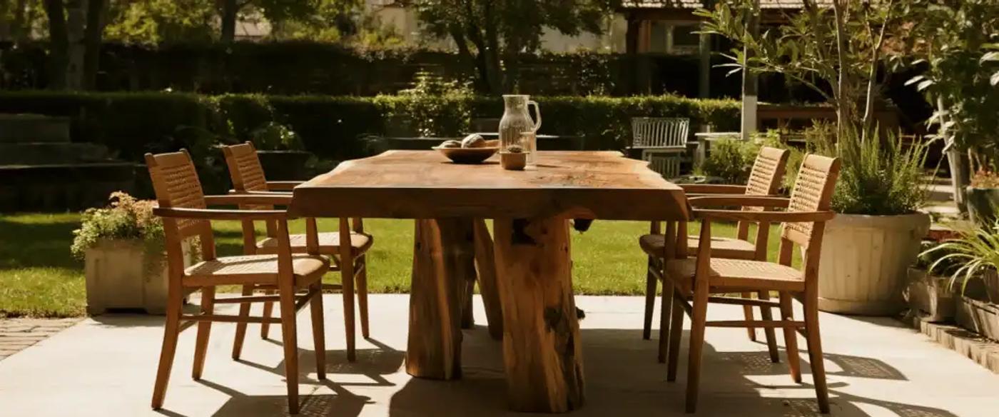 outdoor-wooden-dining-table-with-six-woven-chairs-in-a-sunny-garden-patio-setting