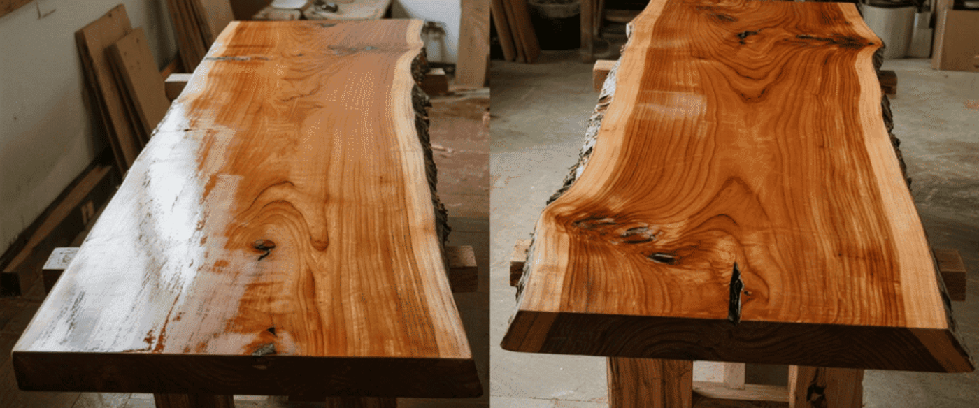 Polished live-edge wooden table showcasing natural grain and knots, crafted with smooth, glossy finish in a workshop setting.