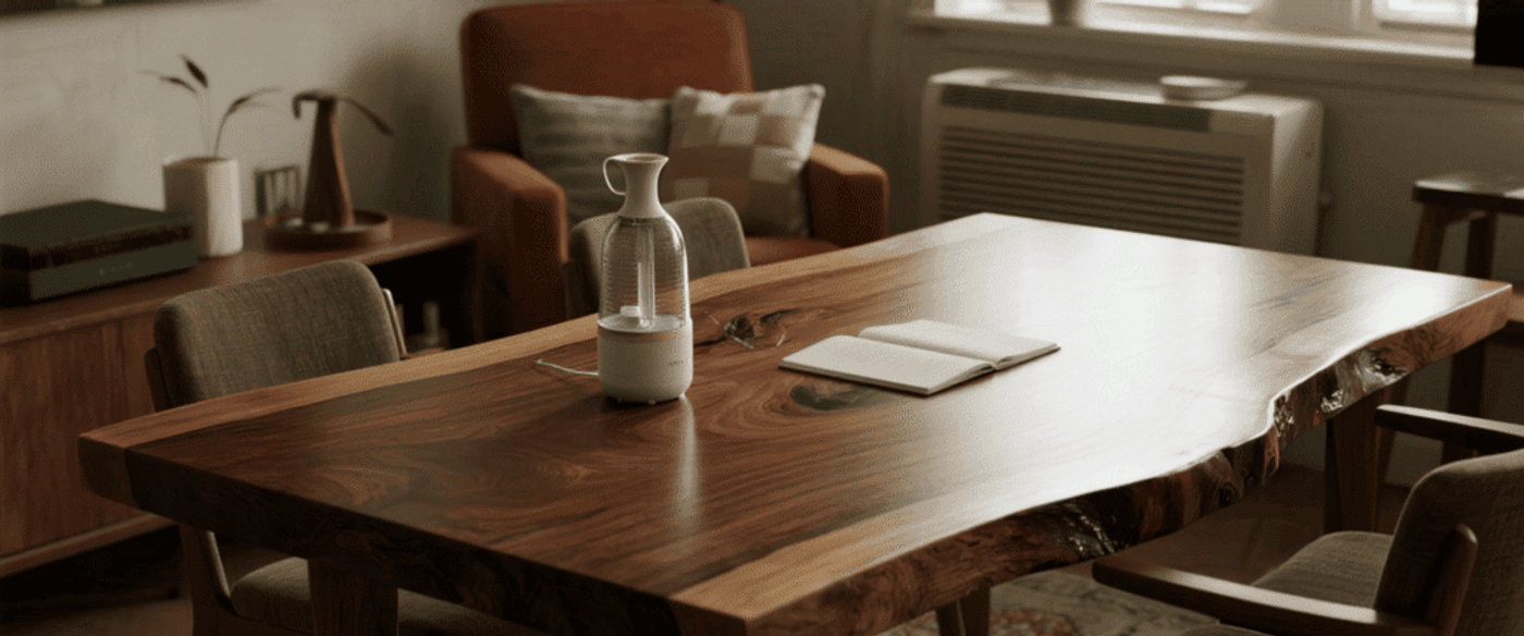 Warm, sunlit dining room with a live-edge wooden table, four chairs, an open notebook and a glass humidifier centerpiece.