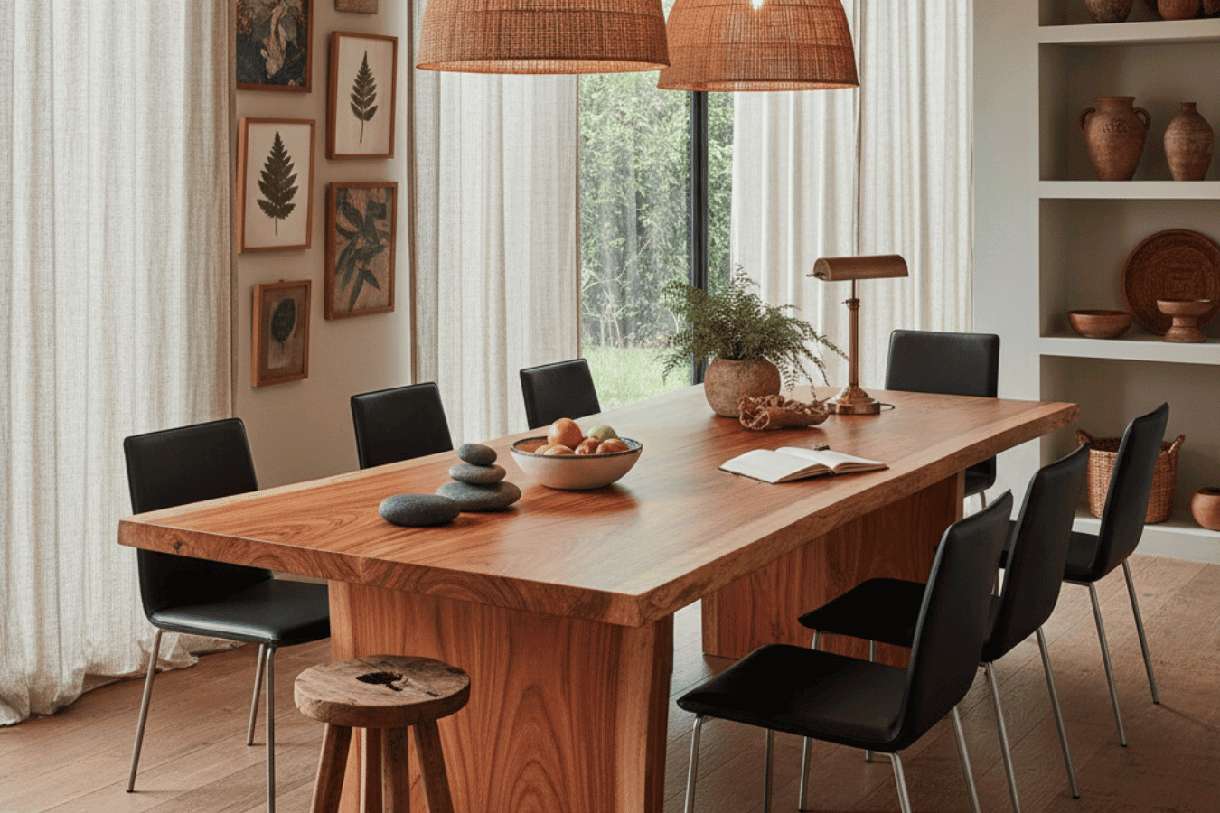 A modern dining room featuring a Guanacaste live-edge table with natural grain, black chairs, woven lights, and earthy décor accents