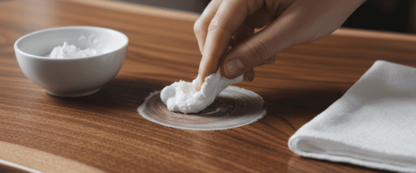 Hand wiping a circular cream stain on a wooden table with a cloth and small bowl of cleaner nearby, soft natural light