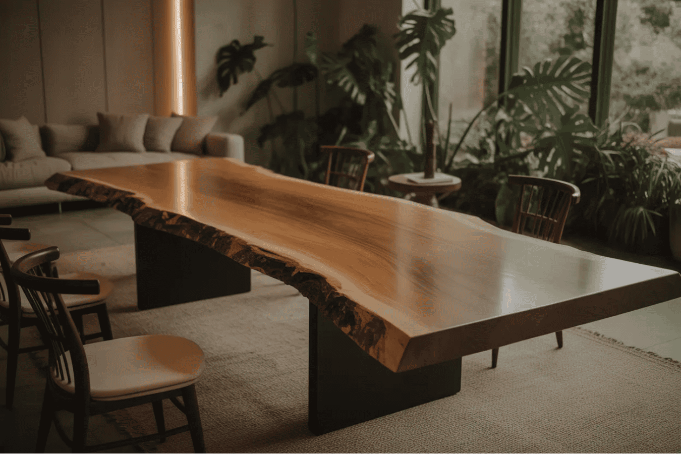 Live edge wooden dining table with black legs in a modern room with plants and chairs. Moruxo logo.
