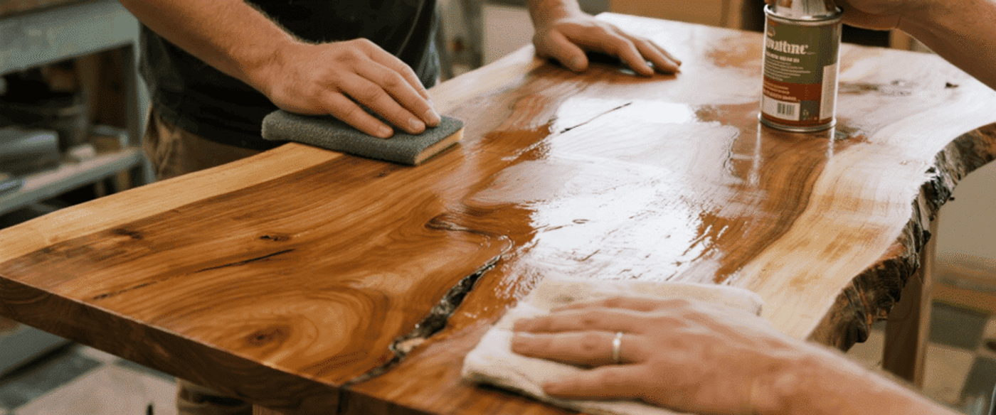 Two people applying finish to a live-edge wooden table: one sands with a sponge, the other wipes and holds a can of wood finish.