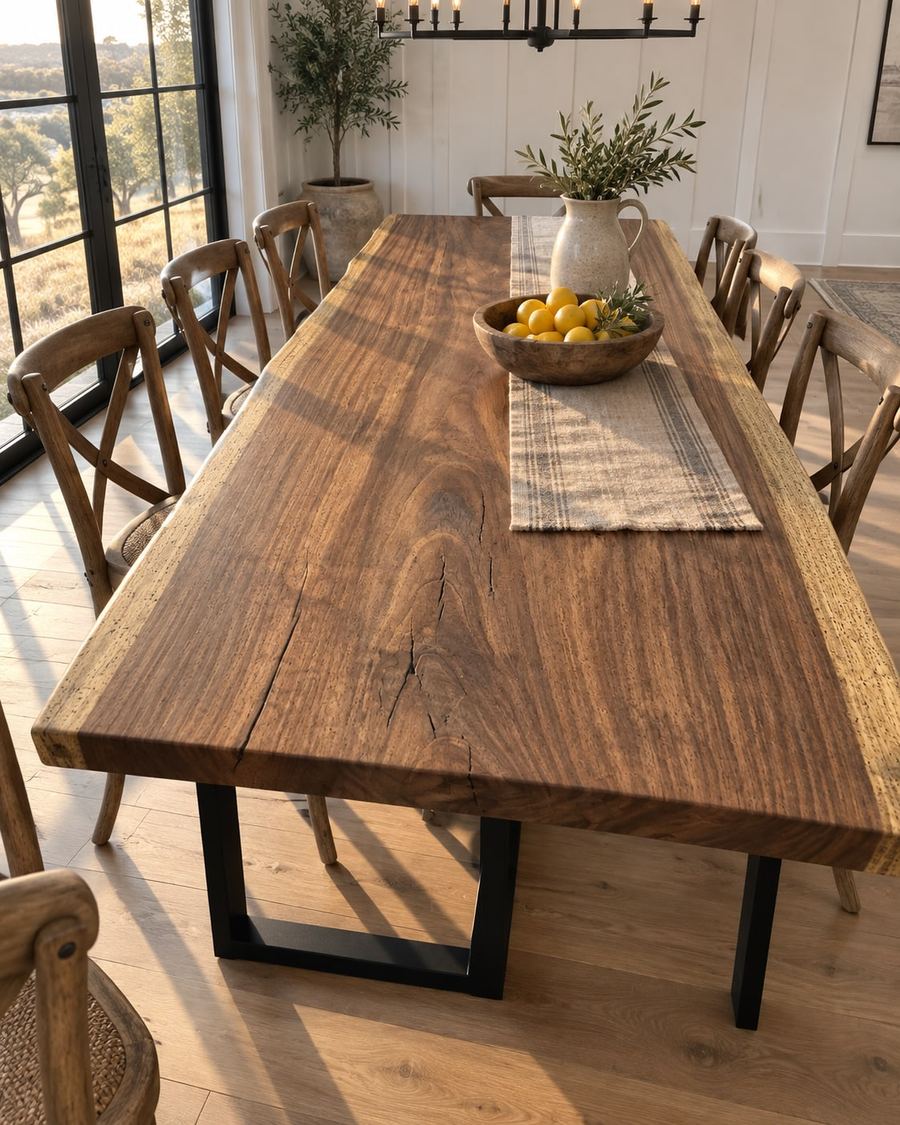 Rendering of the Antonia Octavia slab as a dining table with Tripod Legs in a modern farmhouse home