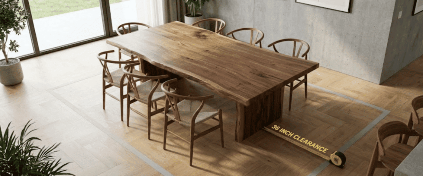 Dining room with a large wooden table surrounded by eight chairs, floor marked for 36-inch clearance and sunlit windows