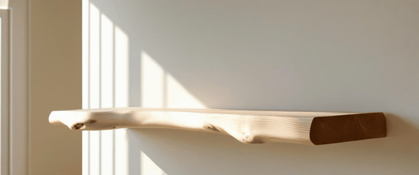 Wooden wall shelf with natural edges, mounted on a plain wall, lit by sunlight through a window.