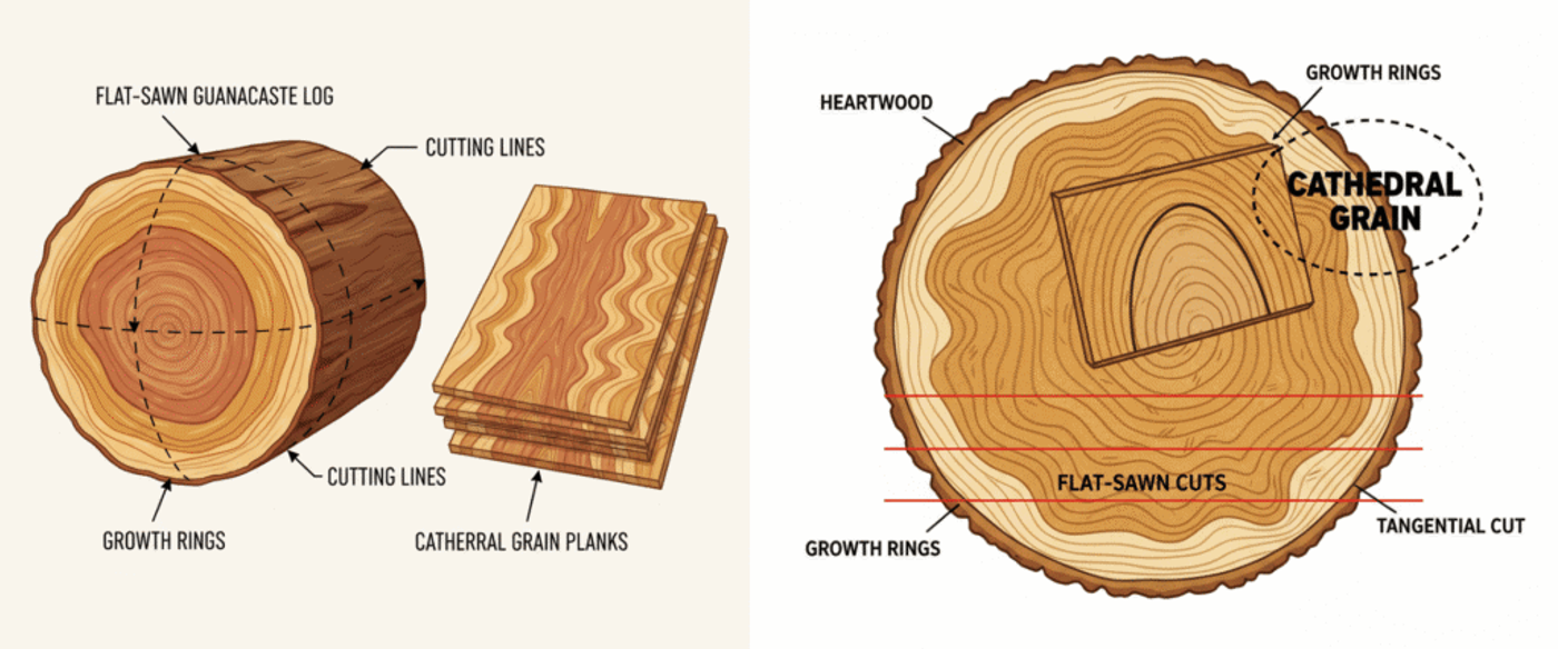 Guanacaste log cross-section with growth rings and cutting lines, visually explaining how cathedral grain forms