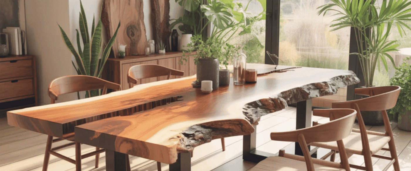 Sunlit dining area with a live-edge wooden table, mid‑century chairs, potted plants, and large windows showing a green outdoor view