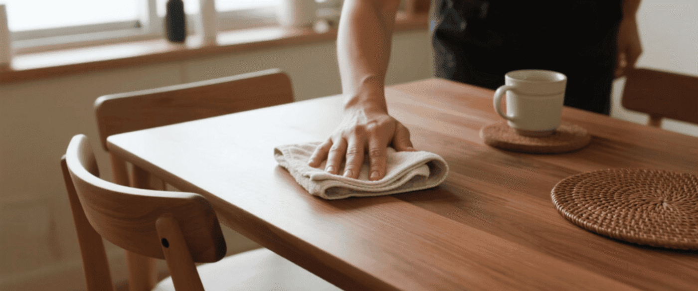 Person wiping a wooden dining table with a cloth beside a mug and woven coaster, sunlight from a window creating a warm scene.