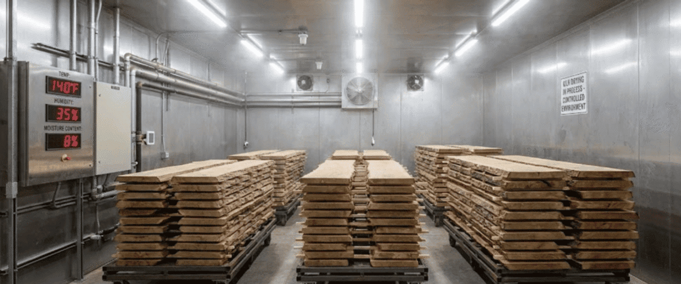 Oak planks stacked on carts inside a climate‑controlled drying room with temperature and humidity display