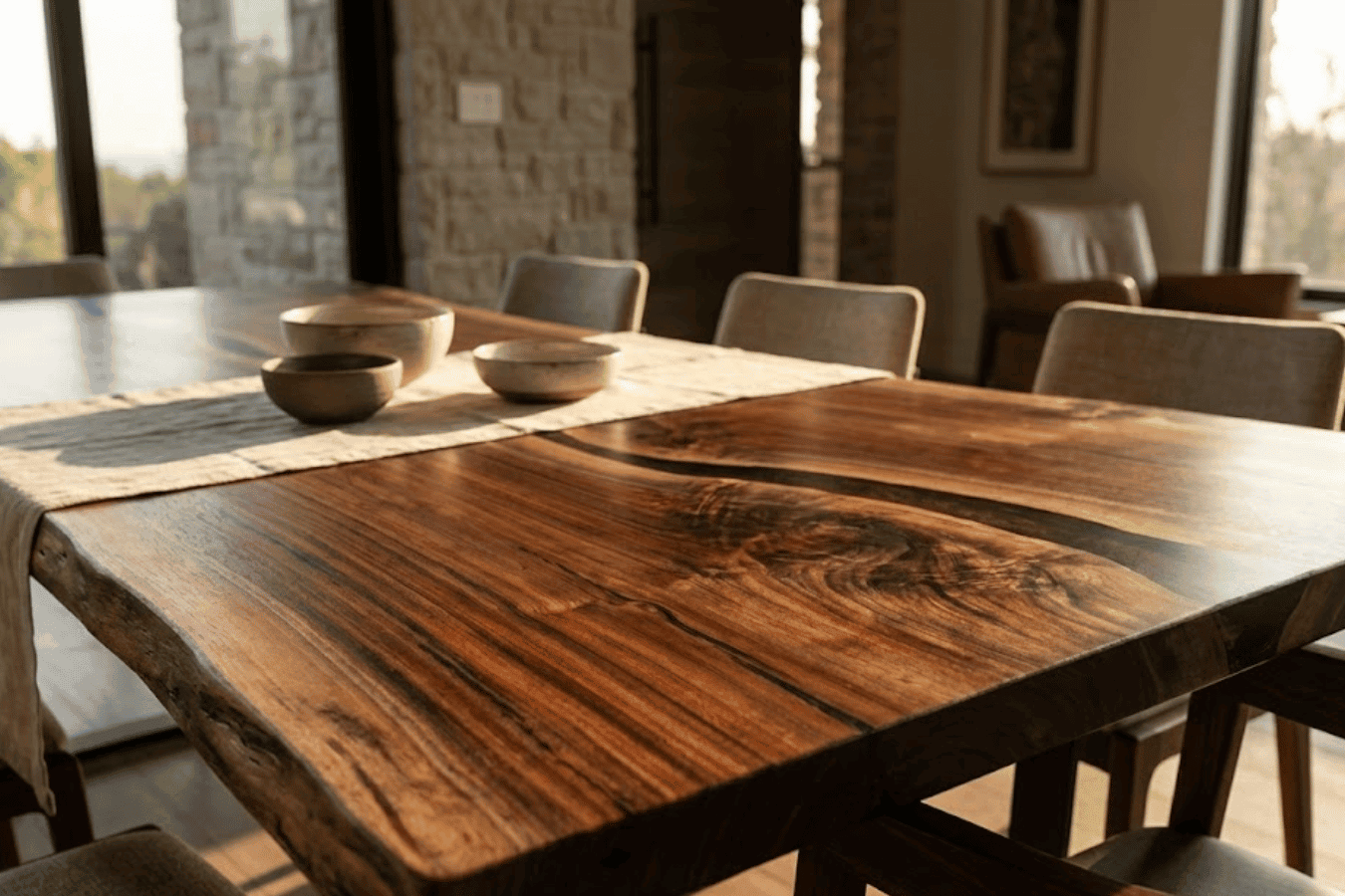 Sunlit live-edge wooden dining table with natural grain, ceramic bowls on a runner, and upholstered chairs in a cozy modern dining room