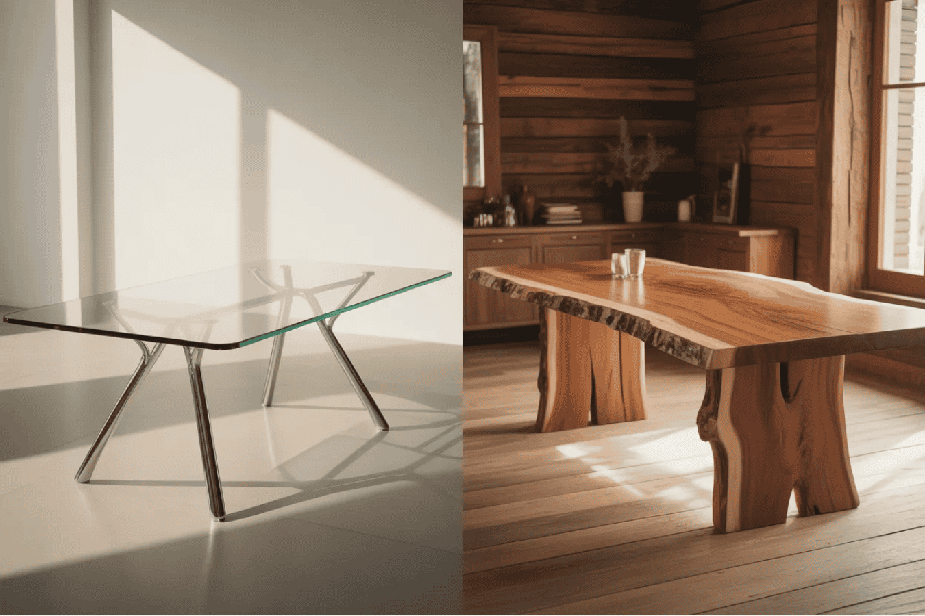 Glass table with metal legs on left; wooden live-edge table in rustic room on right.