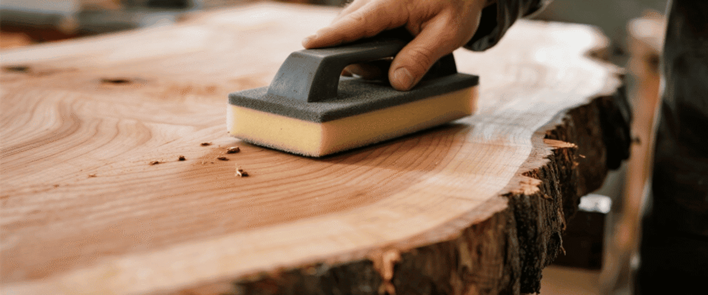 Hand sanding a wide live-edge wood slab with a handheld sanding block, smoothing grain and removing small wood chips.