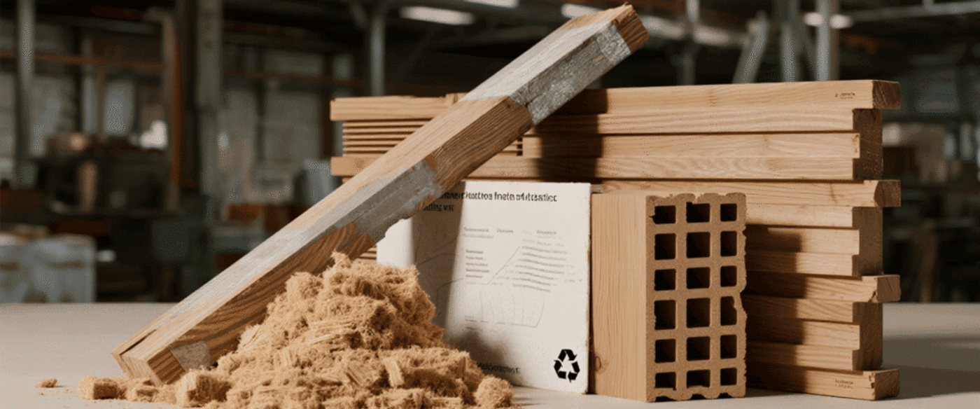 Pile of wood shavings, stacked lumber planks and a hollow clay brick on a workshop table, industrial sawmill background, daylight.