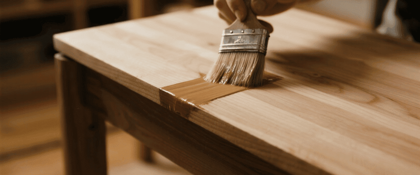 Hand brushing wood stain onto a tabletop, applying an even coat to protect and highlight the natural grain of the wood.