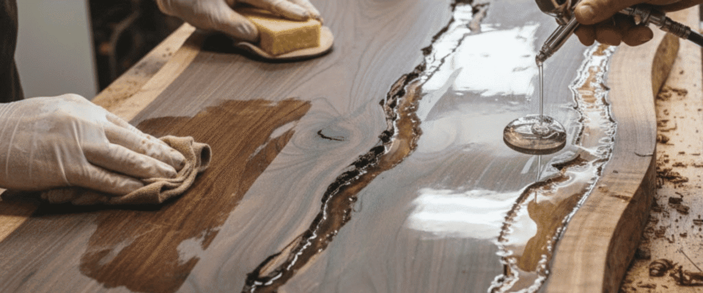Hands wearing gloves sanding and spraying clear resin onto a live-edge walnut slab, creating a glossy river-like finish in a woodworking shop