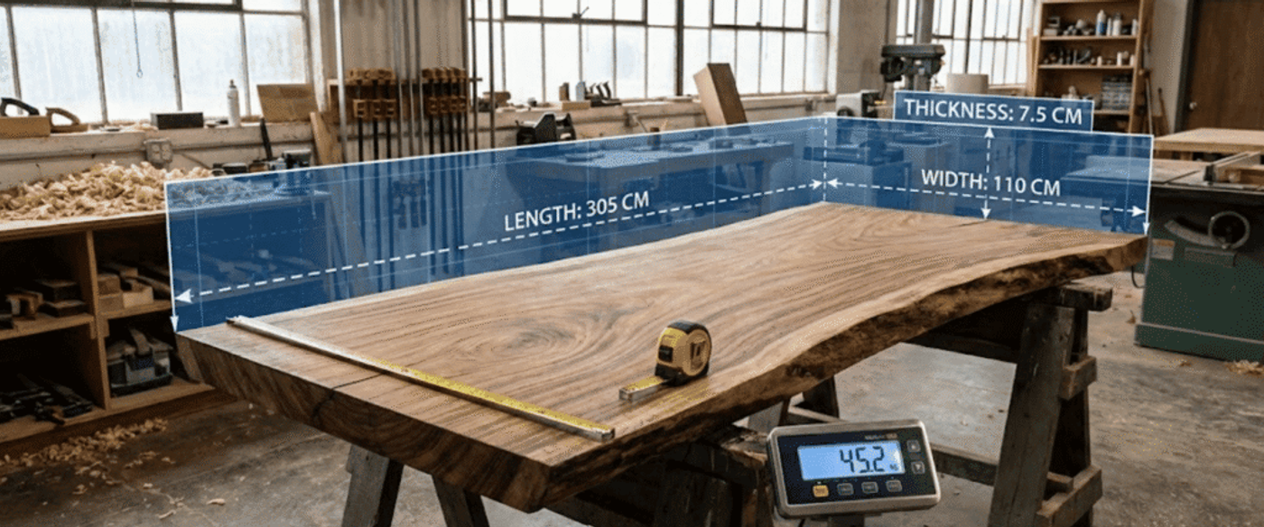 Live-edge walnut slab on sawhorses in a woodworking shop, tape measure and scale showing dimensions for a custom table