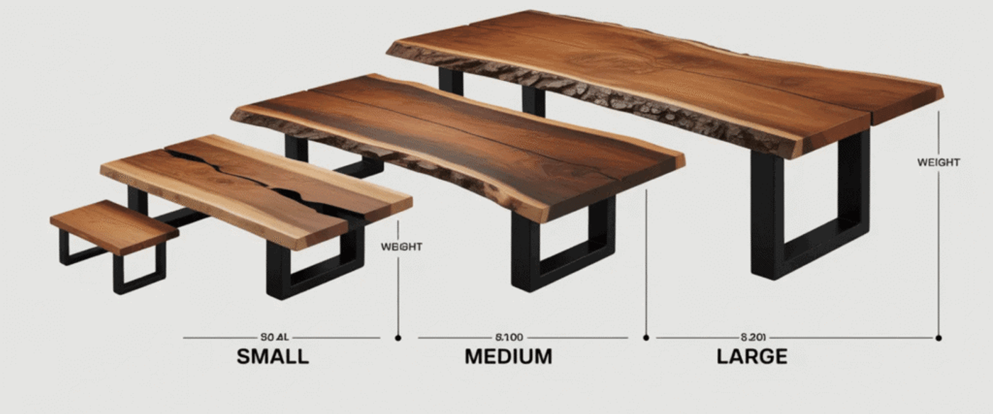 Live-edge wood tables in small, medium, and large sizes with black metal U-shaped legs, showing natural bark edges and grain.