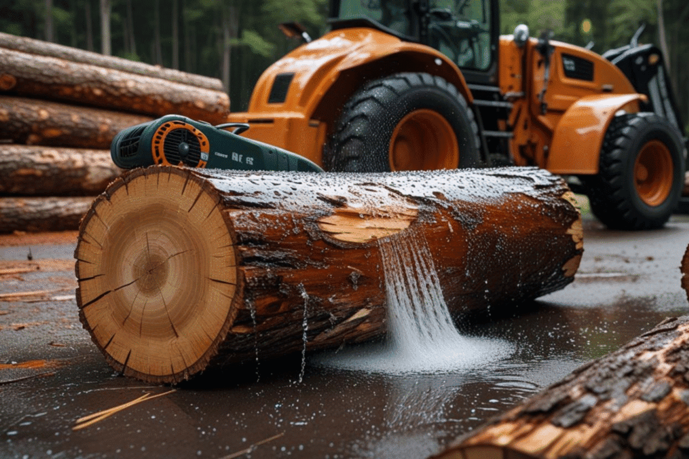 Chainsaw cutting a wet log outdoors, heavy machinery in background.