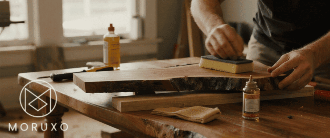 Man sanding and applying finish to a live-edge wooden board on a workshop table, surrounded by tools and finishing supplies.