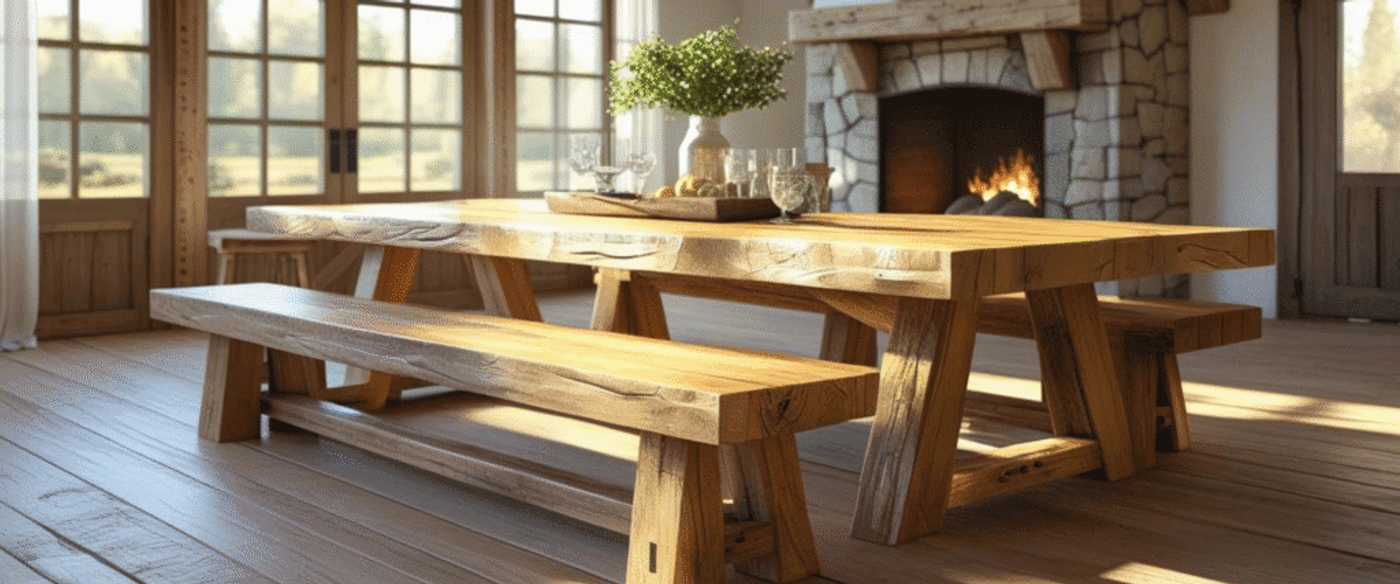 Wooden dining table with benches in a cozy room, natural light, and a lit stone fireplace in the background.