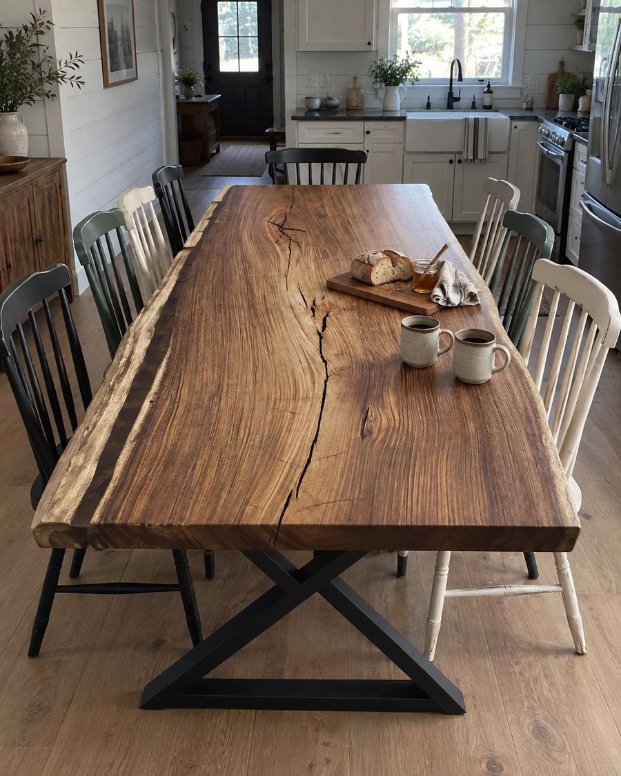Rendering of the Claura Octavia slab as a dining table with Modern X Legs in a modern farmhouse home