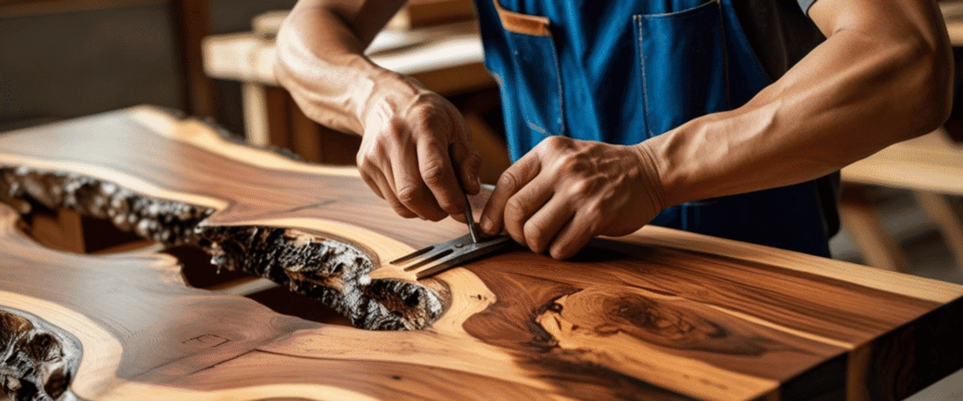 Hands of a craftsman carefully working on a live edge wooden slab, shaping and smoothing the natural wood surface.