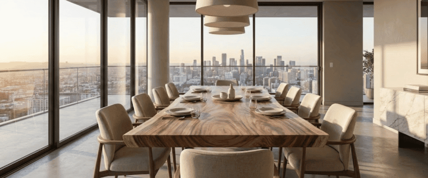 Modern dining room with a long wooden table, upholstered chairs, pendant lights, and floor-to-ceiling windows showing a city skyline at sunset
