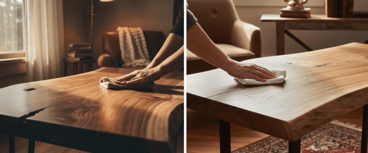 Person polishing a live-edge wooden table with a cloth in a warm, sunlit living room next to an armchair and lamp.