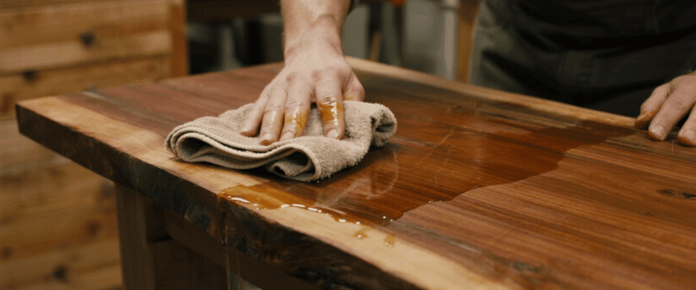 Person wiping glossy finished wooden table with a cloth, hands removing excess oil/varnish in a woodworking workshop.