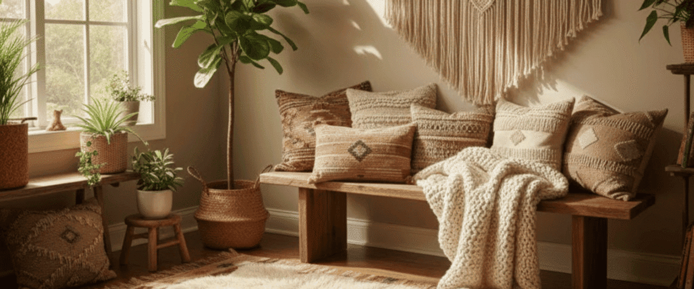 Cozy boho living nook with macramé wall hanging, wooden bench, textured pillows, knit throw, plants, and layered rugs by a sunny window