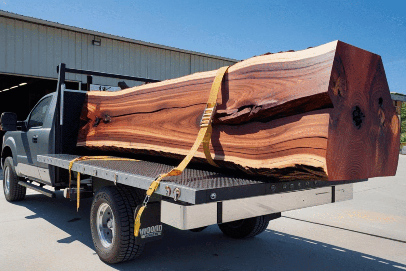 Pickup truck carrying a large live edge wood slab secured with straps, parked outside a warehouse under clear sky.