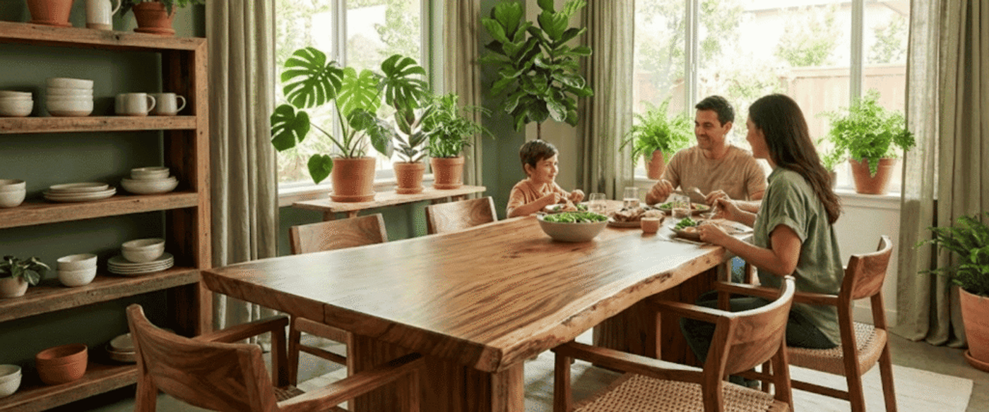 Family of three sharing a meal at a wooden dining table in a sunlit, plant-filled dining room with earthy decor