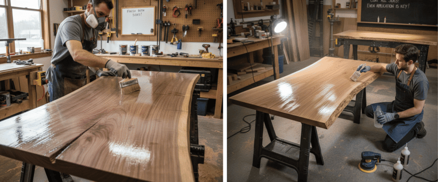 Woodworker in workshop applying finish with brush to live-edge wooden table top, surrounded by tools and sanding equipment.
