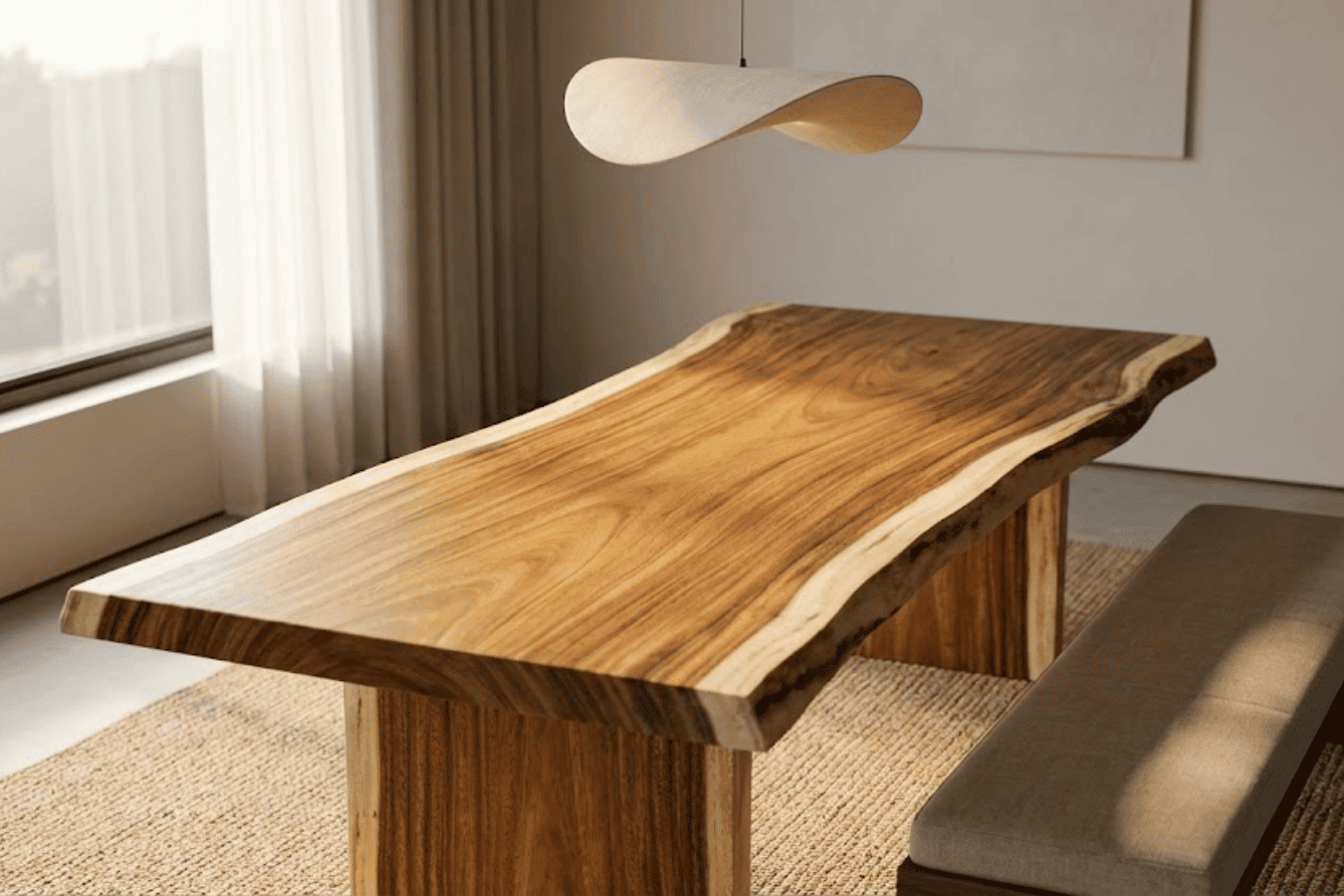 Sunlit dining room with a live-edge wooden table, bench seating, pendant light, woven rug