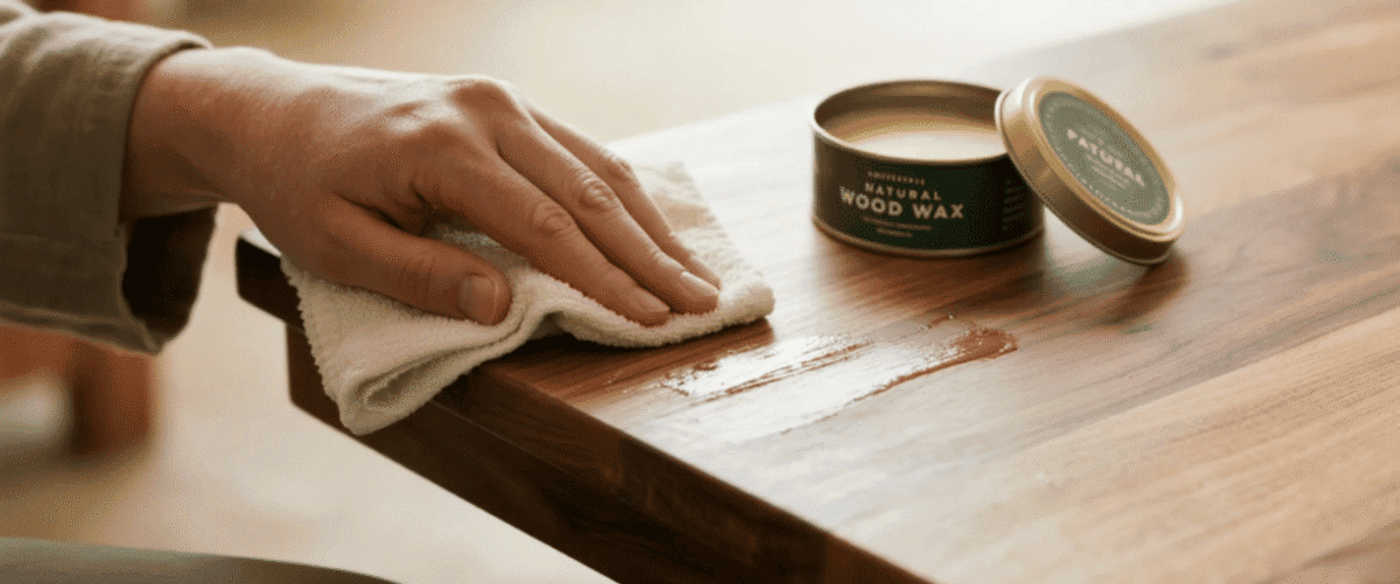Hand rubbing natural wood wax on a wooden table edge with cloth, can of wood wax open nearby, smoothing finish