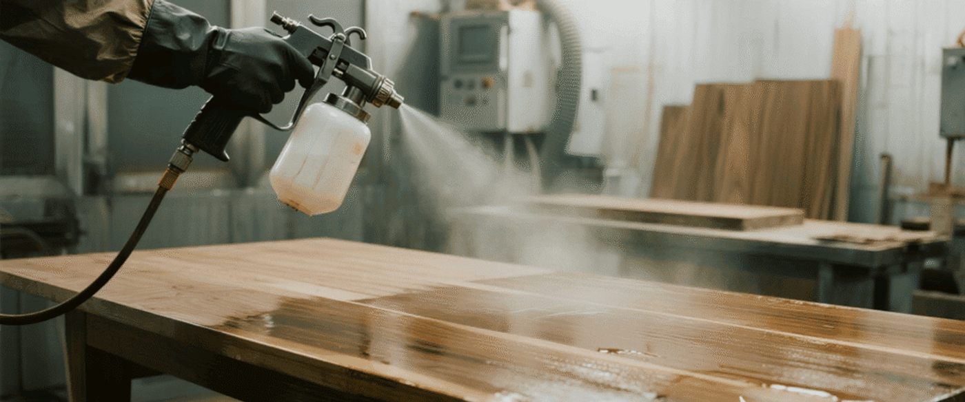 Person wearing protective gloves spray‑coating a wooden tabletop in a workshop, misting finish over stacked wood panels.