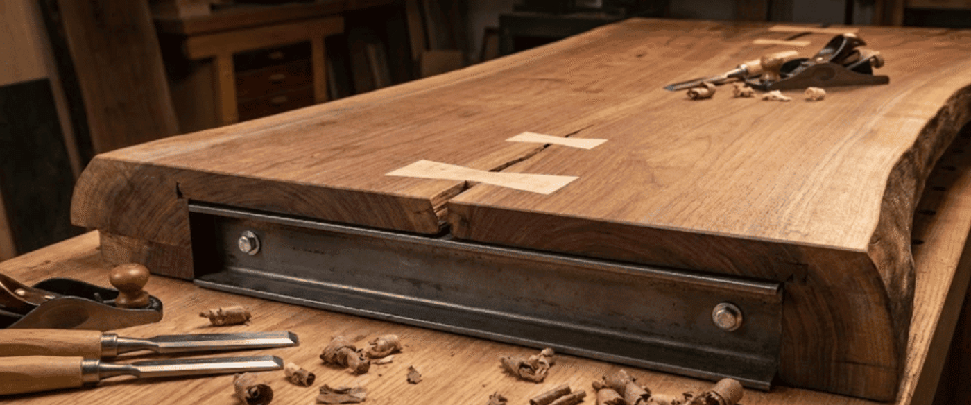 Live-edge walnut slab tabletop with butterfly joints, hand plane, chisels and wood shavings on a woodworking bench