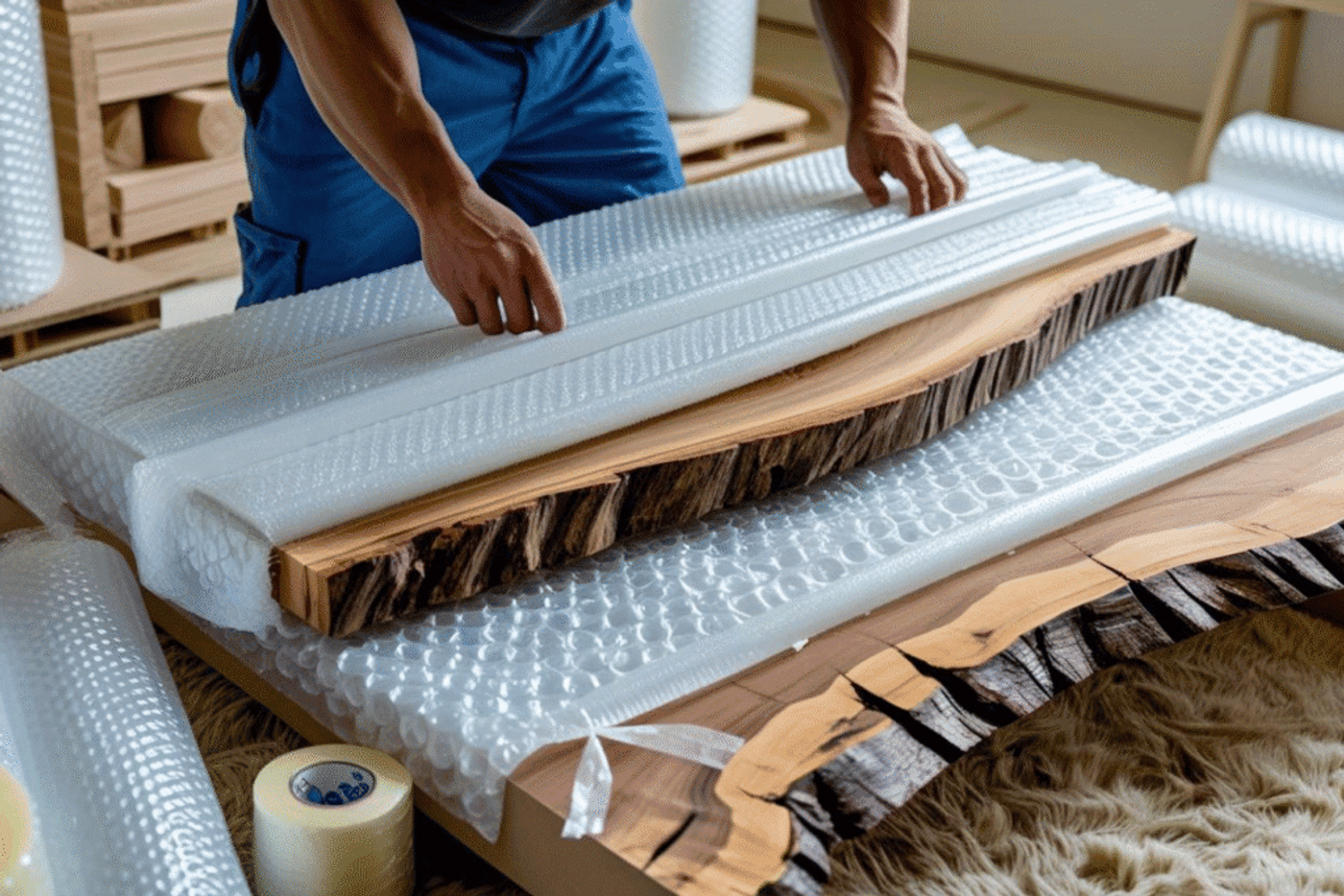 Worker carefully wrapping live edge wood slab with bubble wrap and foam for protection during packing.