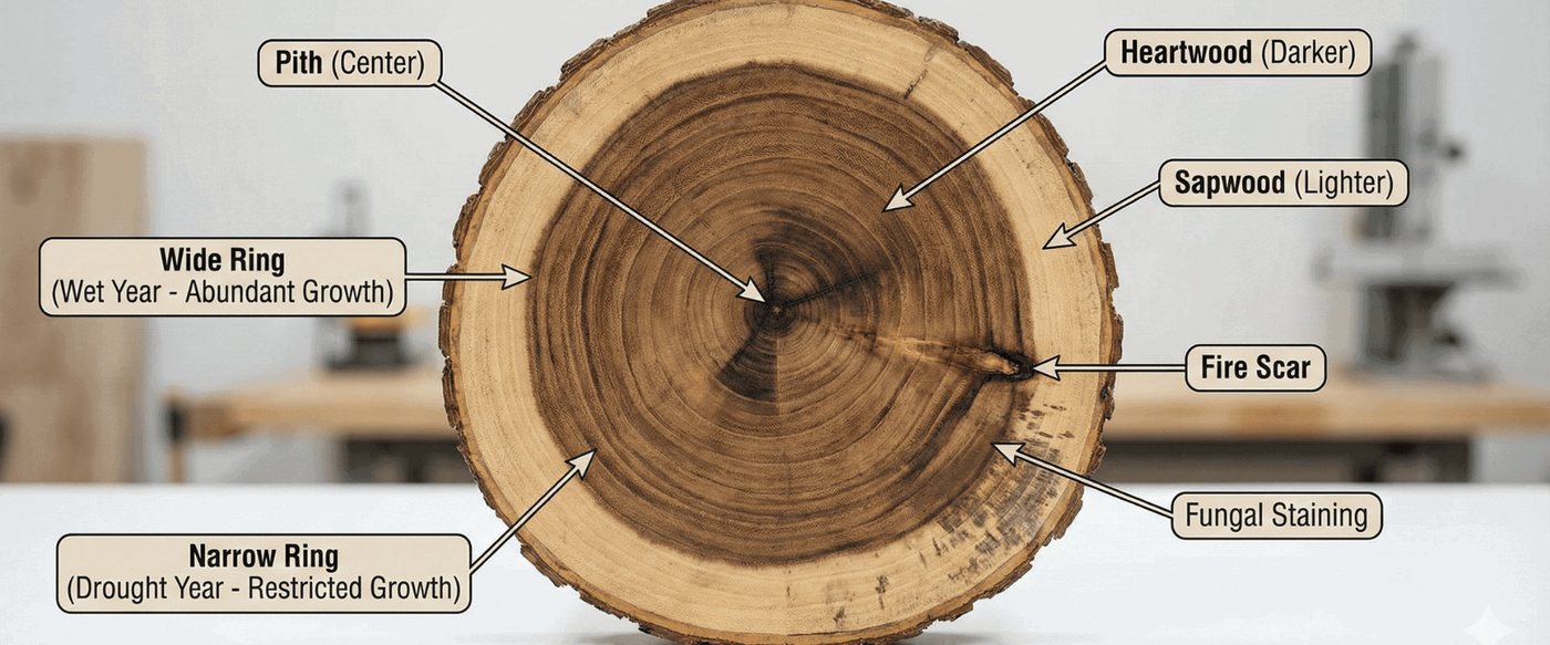 Labeled-photograph-of-a-Guanacaste-wood-log-cross-section-showing-pith-wide-versus-narrow-growth-rings-indicates-climate-conditions-along-with-visible-fire-scars-and-fungal-staining